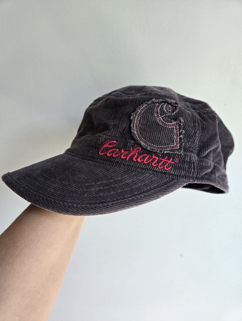 CARHARRT Corduroy Cap in Gray with Pink Logo